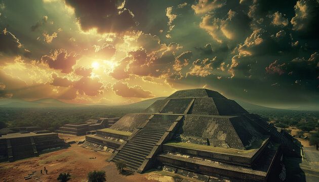 The ancient Pyramid of the Sun in Teotihuacan, Mexico, with a dramatic sunset sky.