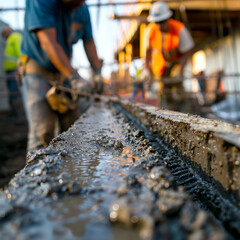 Naklejka premium Construction workers laying bricks on cement mix at a construction site close-up.