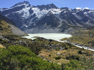 Taken on Hooker Valley walk looking towards Mount Cook in the distance on a beautiful clear summer day in New Zealand.
