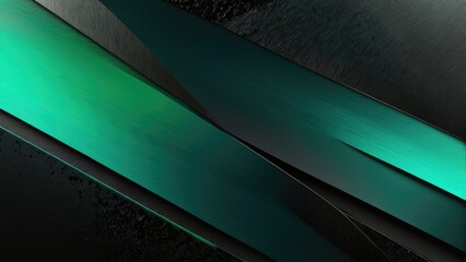 Abstract art featuring a light pattern transitioning from emerald to onyx, gradient melding with a metal texture, soft tech elements arranged diagonally, background encompassing shades of black