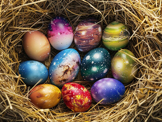 Fototapeta na wymiar Creative easter eggs design concept. Bunch of eggs dyed in galaxy colors in a hay nest. Copy space, close up, top view, Background.