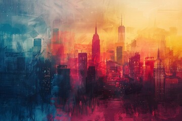 Skyline of towering buildings captured in colorful abstract strokes. - obrazy, fototapety, plakaty