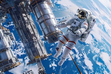 Space elevator construction with robots and astronauts Earth below. Realistic HD