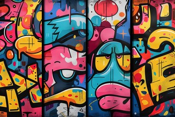 Colorful graffiti poster featuring vibrant tags, splatters, and throw-ups. Perfect for street art...