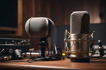 Professional podcast setup with microphone and bokeh lights, creating a cozy recording atmosphere