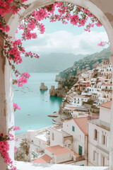 A serene view of the Amalfi Coast through an arch framed by vibrant pink flowers, with the sea and cliffside buildings.