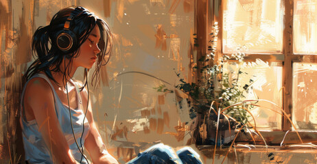 Illustration of a young woman leaning against a wall while sitting and listening to music through headphones