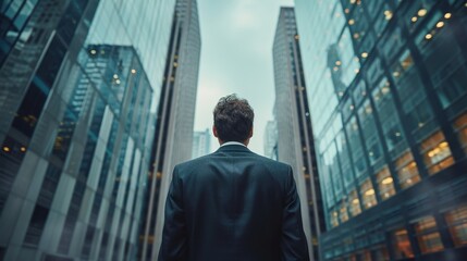 Fototapeta na wymiar A Businessman In A Financial District With Skyscrapers