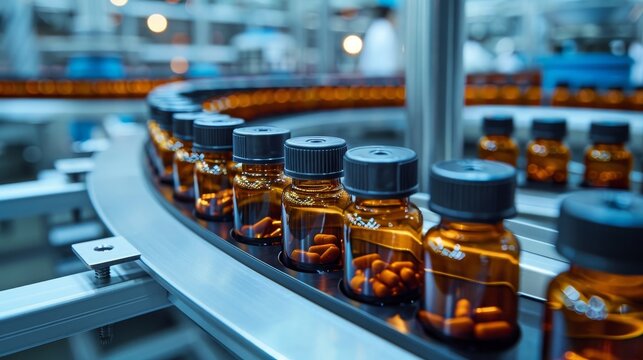 Pharmaceutical factory production line with medical vials in manufacturing process