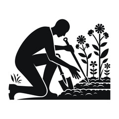 Silhouette of a Person Planting Flowers in a Garden Bed