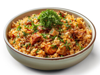 Fototapeta premium Chicken biryani isolated on white background. Cooked with selected spices with a traditional recipe.