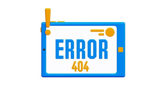3D animation tablet icon with an image of an error on the main screen. 3D render of tablet icons in cartoon style. Error message on the tablet. 4k animation, alpha channel, in cartoon style, isolated.
