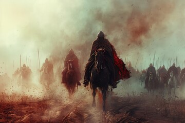 The knights charged into the fray, their armor glinting in the sunlight as swords clashed and cries of battle filled the air. - obrazy, fototapety, plakaty