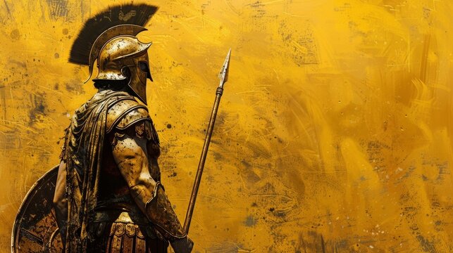 Spartan king demigod, clad in golden armor, wields spear and shield with battle-worn grunge backdrop.