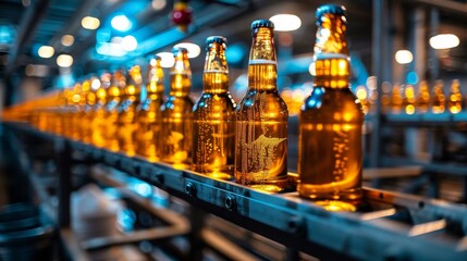 Efficient modern brewery conveyor for bottling beer in glass bottles on blurred background - obrazy, fototapety, plakaty