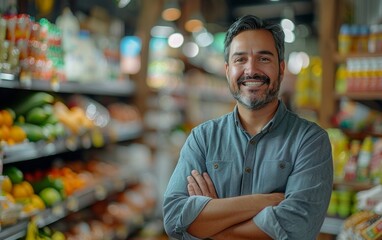 Smiling male shopkeeper proudly stands with crossed arms in his well-stocked grocery store.
