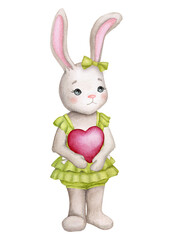 Cute bunny with a heart. Girl. Children's illustration. Hand watercolor.Baby shower, birthday, children's party, Valentine's day. Clipart for print, invitation, poster, greeting card, postcard. 
