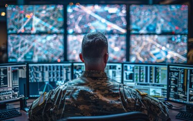 Military surveillance team tracks threats on computer screens in central office, ensuring national security through control and monitoring.