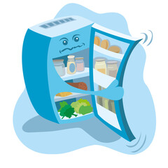 Cartoon illustration of a fridge that is visibly annoyed that its door is open