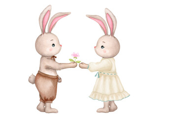 Fototapeta premium Composition with cute bunnies. Boy and girl. Love and friendship. Children's illustration in retro style. Baby shower, Birthday, Valentine's Day. Clipart for print, invitation, poster, greeting card.