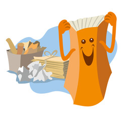 Illustration of a cheerful cartoon book. Waste paper can be seen in the background