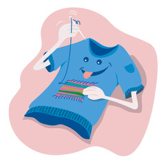 Cartoon drawing of a jumper sewing a patch on itself and acting sustainably in the process