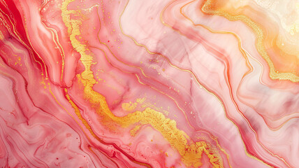 Abstract gold luid  marbling textured background in red, rose  and orange colors