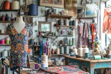 The studio room was filled with colorful threads, patterned fabrics, and mannequins draped in stylish designs.