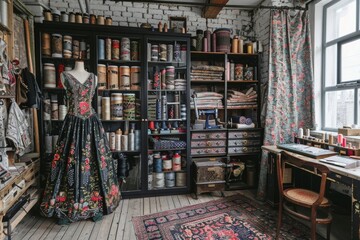 The studio room was filled with colorful threads, patterned fabrics, and mannequins draped in stylish designs.