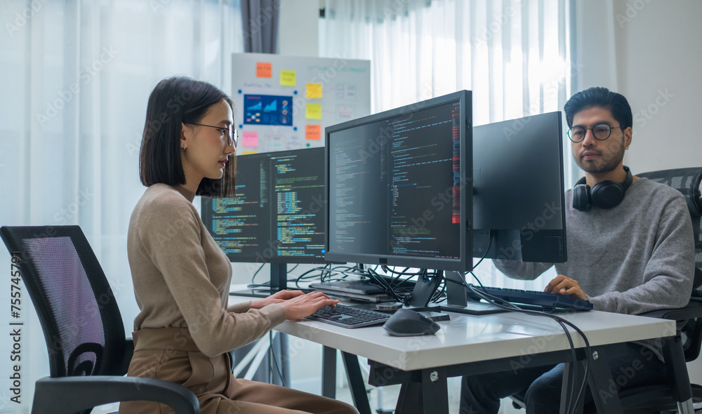 Wall mural asian woman and indian man developer team working about programming software data online at office