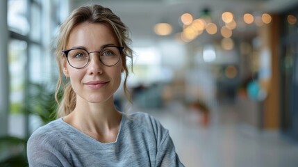 Obraz premium Portrait of a glasses-wearing healthcare admin with a clinic office blur, perfect for medical industry use.