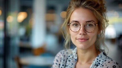 Fototapeta premium Portrait of a glasses-wearing healthcare admin with a clinic office blur, perfect for medical industry use.