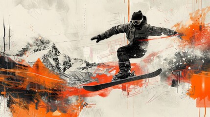 Contemporary Art Collage of Snowboard Rider Mid-Air Jump

