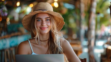Young woman enjoys working remotely at beach cafe, making the most of her summer vacation while staying productive.