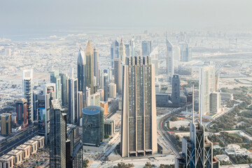 Fototapeta na wymiar Emirates Financial Tower, Index Building in Business Bay development in Dubai, Gross Domestic Product of UAE - 375 billion dollars