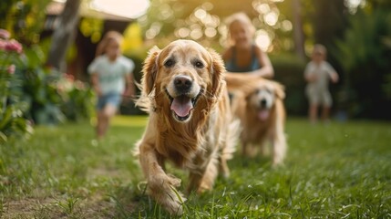 Joyful family enjoys quality time with their cheerful golden retriever on the sunny backyard.