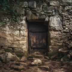 Fototapeta na wymiar A mysterious door in an old stone wall.