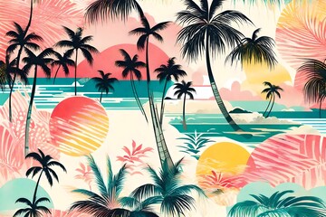 watercolor and ink colorful plamtrees pattern  and tropical island background