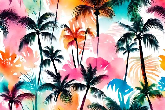 watercolor  colorful plamtrees pattern background