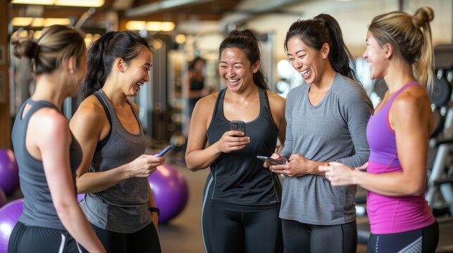 Diverse fitness enthusiasts laughing after group exercise in lively gym with colorful equipment