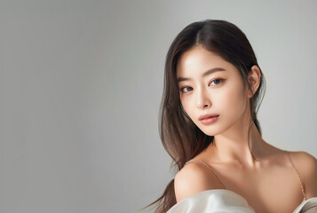 Studio shot of a Beautiful asian idol girl with healthy skin looking at the camera. Natural makeup of a beautiful model with copy space. Cosmetic concept. 
