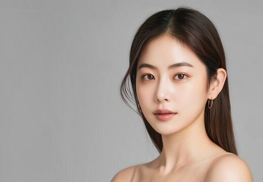 Studio shot of a Beautiful asian idol girl with healthy skin looking at the camera. Natural makeup of a beautiful model with copy space. Cosmetic concept. 
