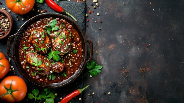 Authentic mole poblano over chicken, garnished with sesame seeds and cilantro, accompanied by a lime wedge, traditional Mexican cuisine, space for text