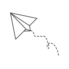 Paper plane with dotted line, Origami paper airplane, Travel symbol, vector illustration. Isolated. Outline. Hand drawn doodle airplane. Black linear paper plane icon eps 10.