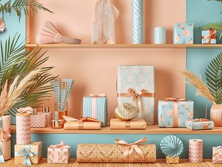 A series of elegant gifts in pastel colors, complemented by delicate floral patterns and calm natural light.