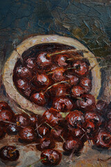 Oil painting of a wooden bowl with red ripe cherries
