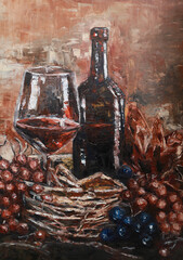 Oil painting of grapes, a glass of wine near a bottle of wine