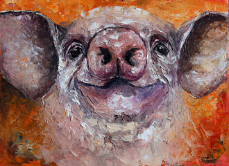 Children's oil painting of a cartoon portrait of a smiling pig