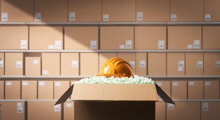 Safety and health at work: safety helmet in a delivery box