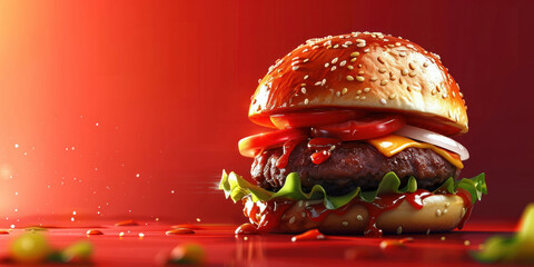 Delicious hamburger with ketchup and cheese on a vibrant red background, tempting fast food concept